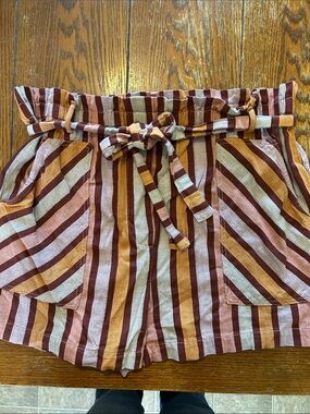 Anthropologie Striped Paperbag Waist Shorts in Maroon, Mustard & Cream